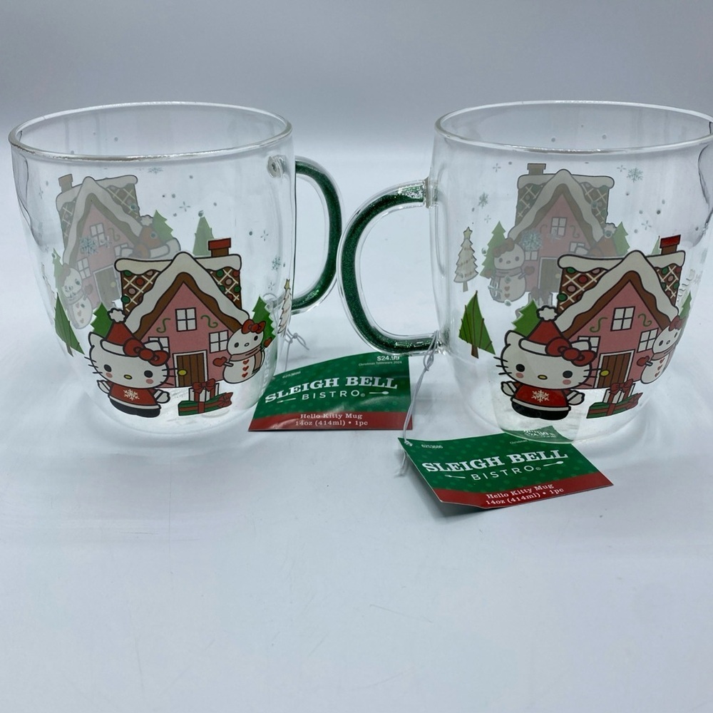 HELLO KITTY Christmas Glass MUG Gingerbread House w Glitter Handle Set Of 2